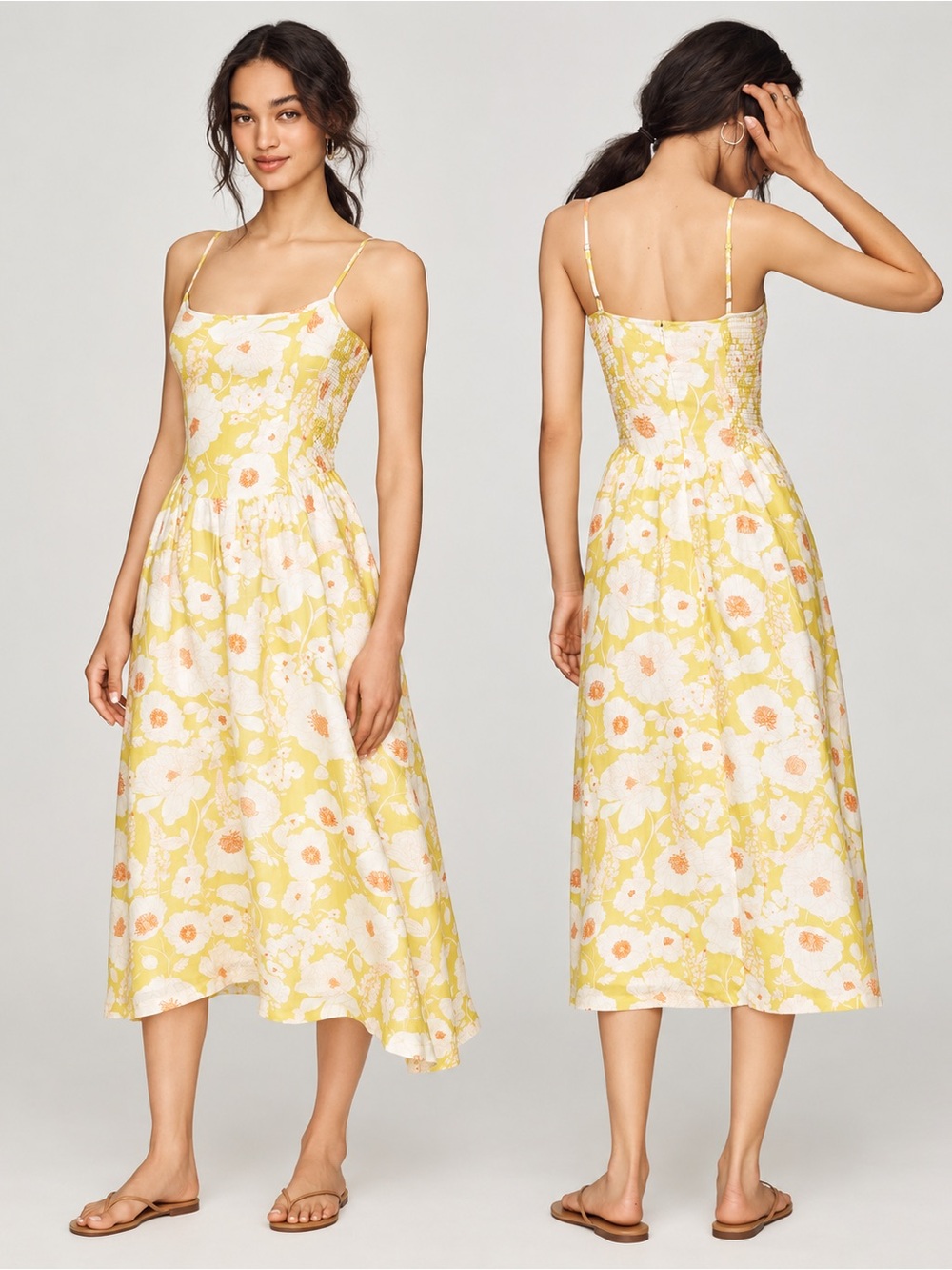 Maeve 100% Linen Drop-Waist Floral Midi Dress Yellow Size S Anthropologie